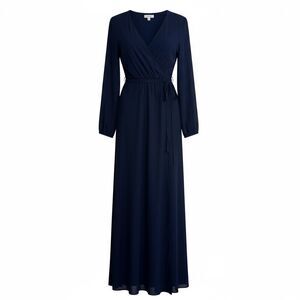 DB Studio Surplice Long Sleeve Faux Wrap Tie Belt Chiffon Maxi Dress Navy Sz 14